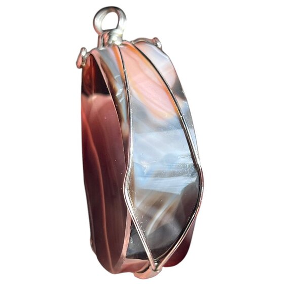 Banded Agate Pendant With Druzy Center Wire Wrapped Handmade Large - Picture 6 of 12